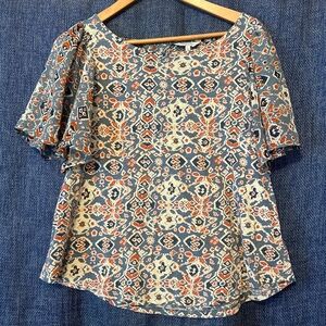 Lucky Brand Blue Orange Size Large  Short Sleeve Multi Color Blouse Keyhole Back